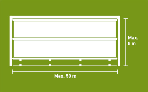 Lubratec roller shutter front with fixed drive and marked maximum dimensions - High wind load absorption for wide openings