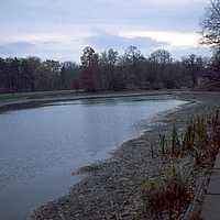 View of a water channel with surrounding vegetation and walkway