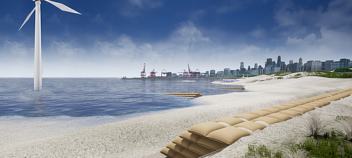 Bank walls and revetments safely designed with SoilTain Bags from Hüsker SoilTain sandbags from Huesker as shore walls and revetments on land and in the water, including revetments for offshore wind turbines