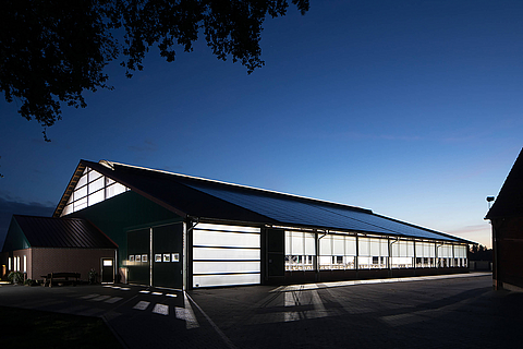 Dairy barn with LED lights as a light source at night