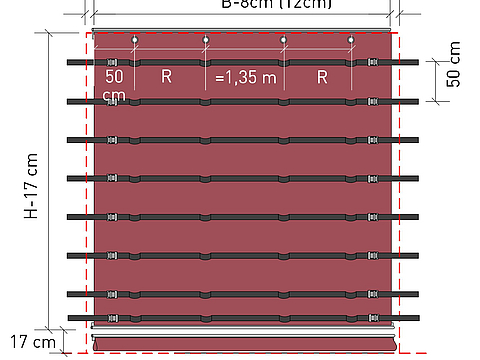 Drawing of the Tectura Stabitor with focus on the exact dimensions of the fabric. Shows the precise dimensions for a customized and optimal fit