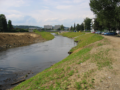 A river with green banks running alongside a town