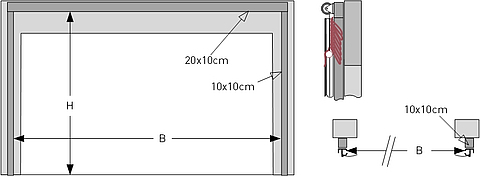 Drawing of the Tectura Stabitor with alternative dimensions, whereby the door width B is 29 cm wider. Ideal for special requirements and passageways