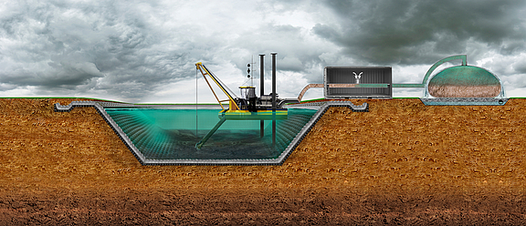 Flood and stormwater retention basin with concrete mat liner and erosion control. Flood and stormwater retention basin with concrete mat liner and attached drainage tubes